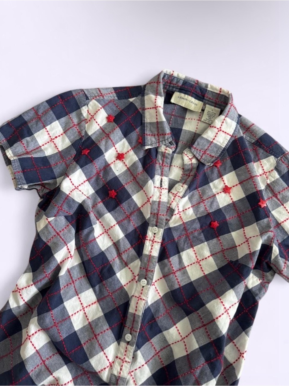 Vintage 90s Lemon Grass Navy White Plaid Cotton Shirt Red Buttons 4th of July